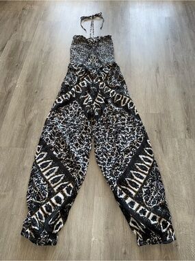 Black & Cream Patterned Halter Jumpsuit